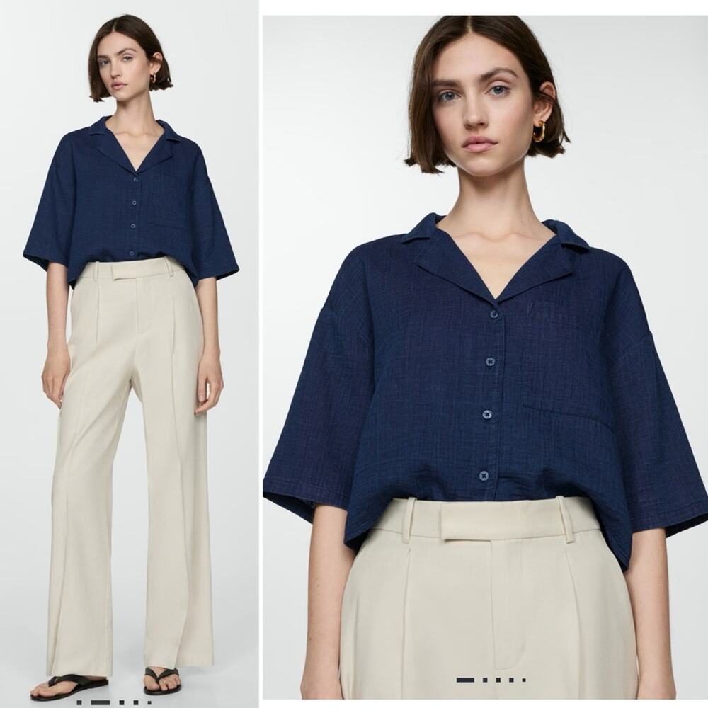 MANGO Boxy Elbow Sleeve Cotton Camp Shirt Short Sleeved Boxy Fit Cropped Top